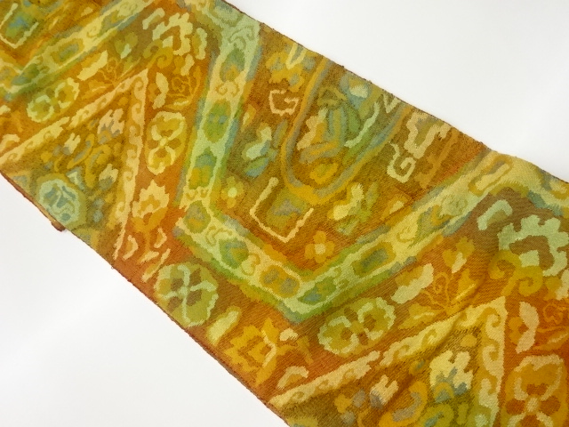 リサイクル　手織紬幾何学に抽象草花模様織出し名古屋帯